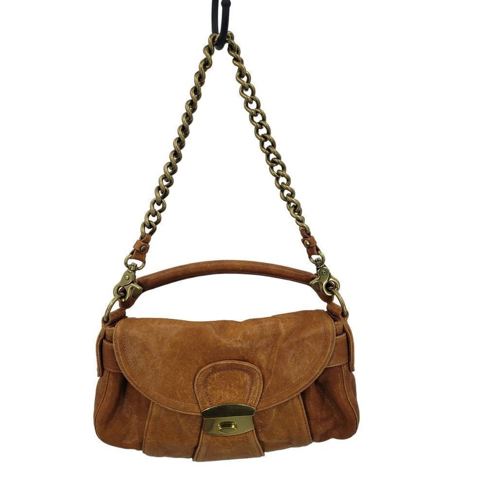 Vintage Kooba Brown Leather Satchel‎ Shoulder Bag Handbag Brass Chain Boho